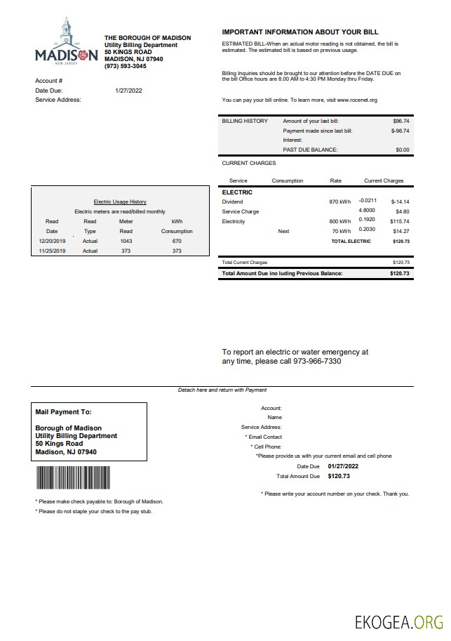 USA New Jersey The Borough of Madison utility bill template in Word and PDF format